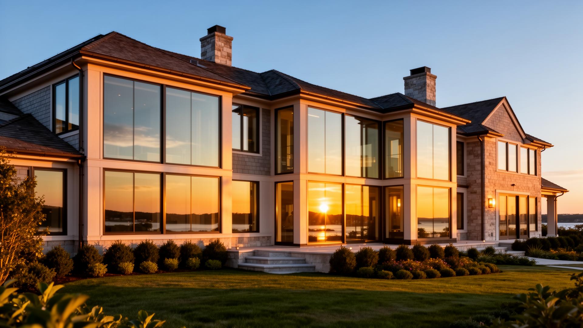 Luxury South Shore home with pristine windows reflecting a sunset